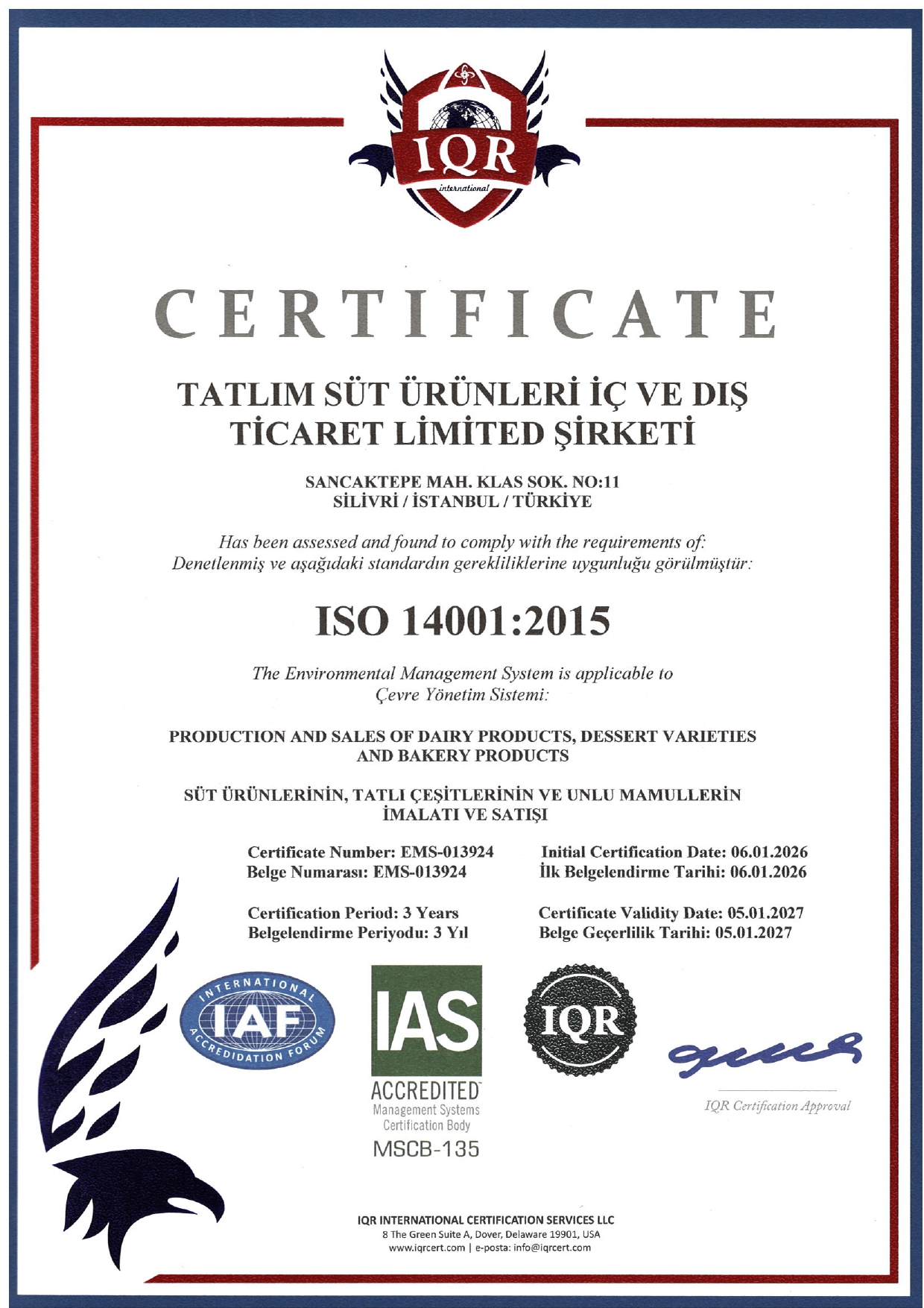TATLIM SÜT ÜRÜNLERİ ISO 14001