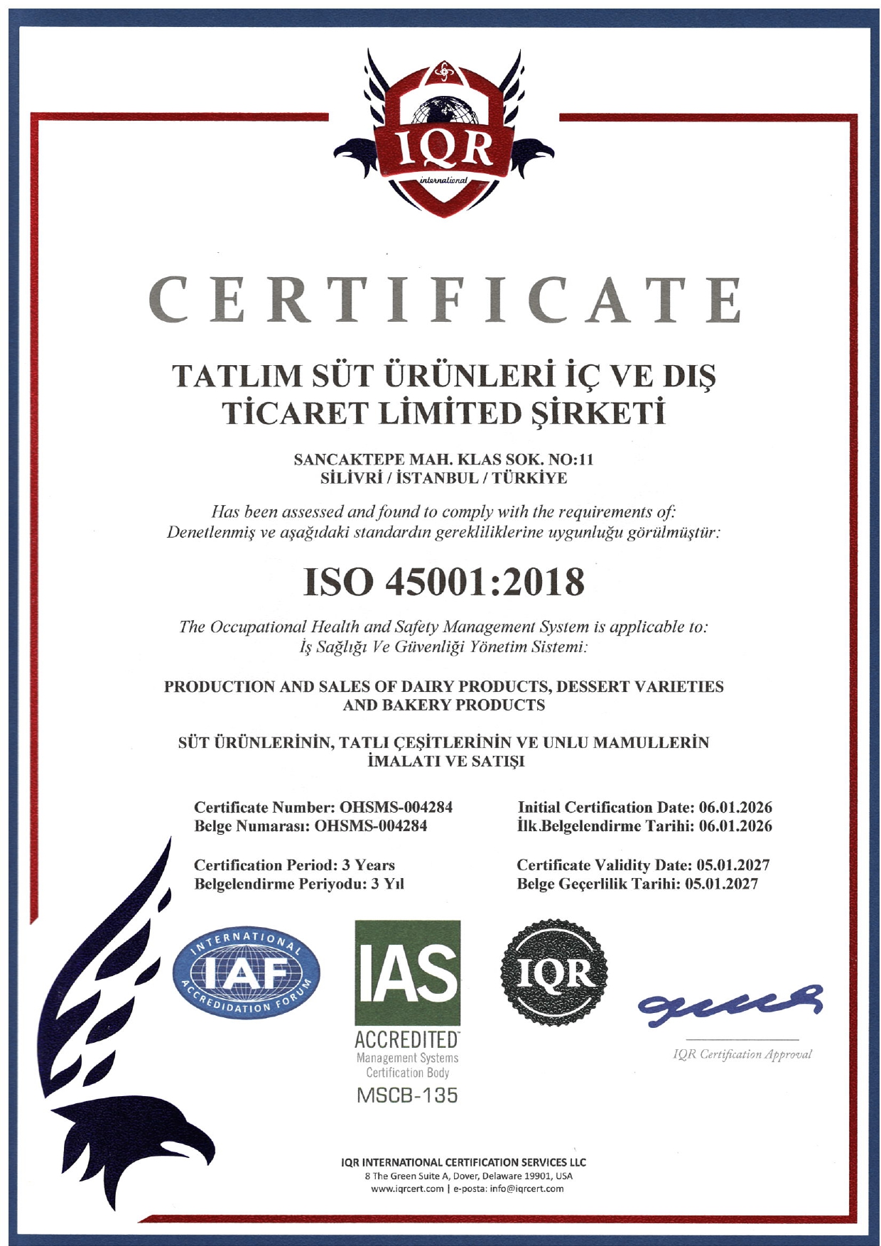 TATLIM SÜT ÜRÜNLERİ ISO 45001